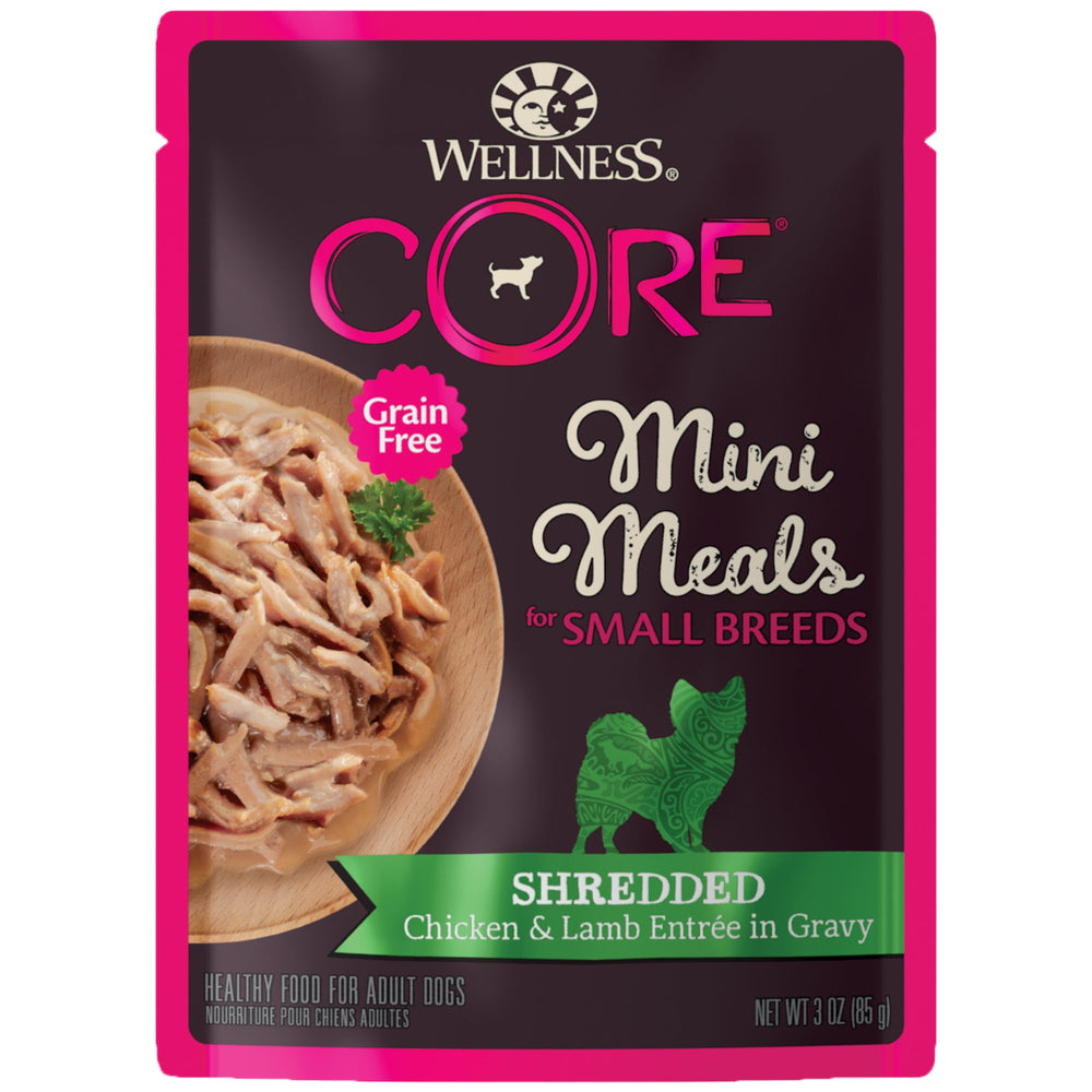 wellness sachet face poulet et agneau montrant étiquette claire et bénéfice praticité