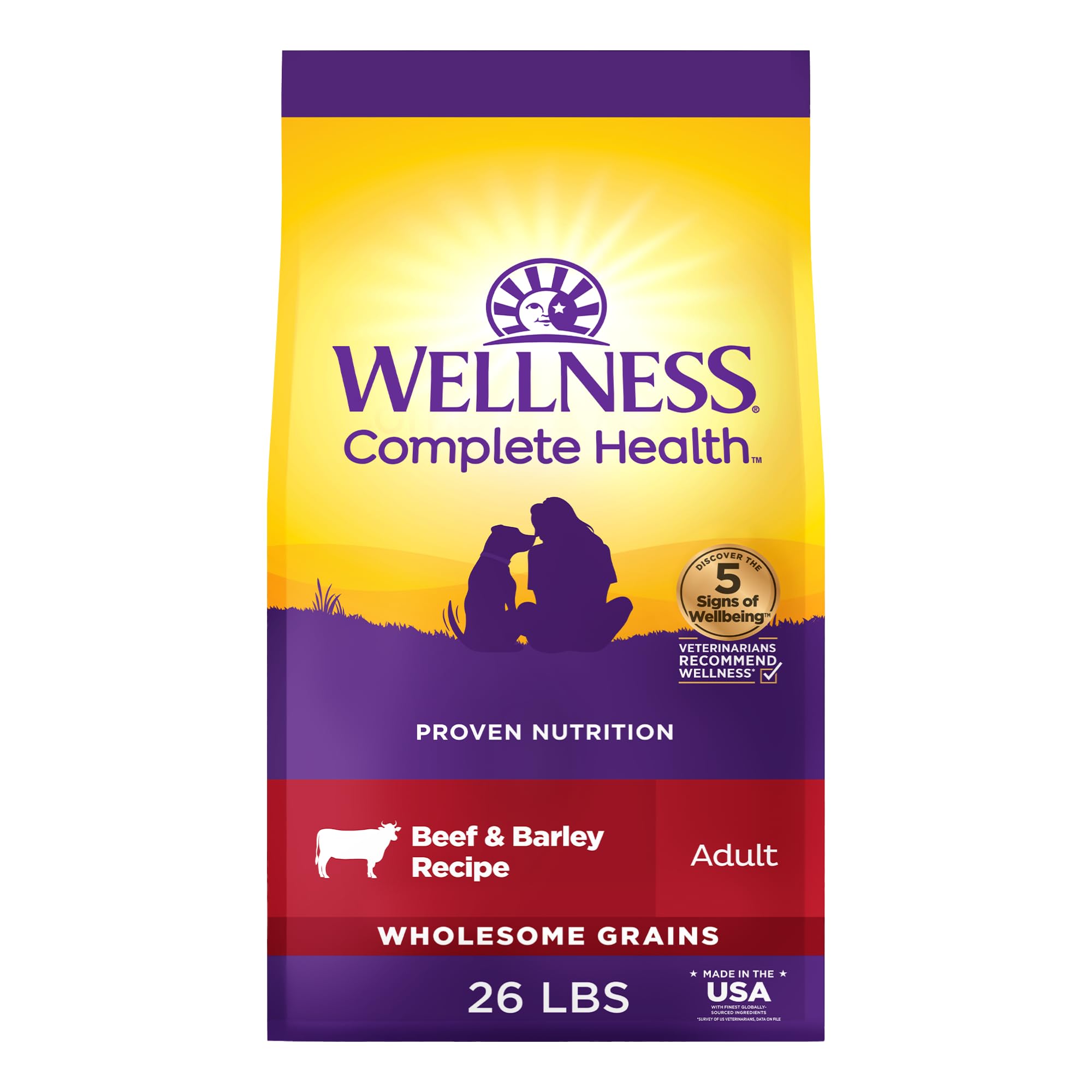 Wellness emballage 26 lb montrant la marque et la praticité pour conservation