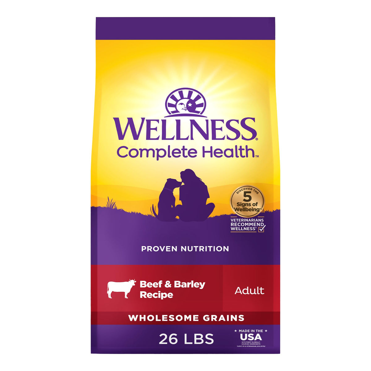 Wellness emballage 26 lb montrant la marque et la praticité pour conservation