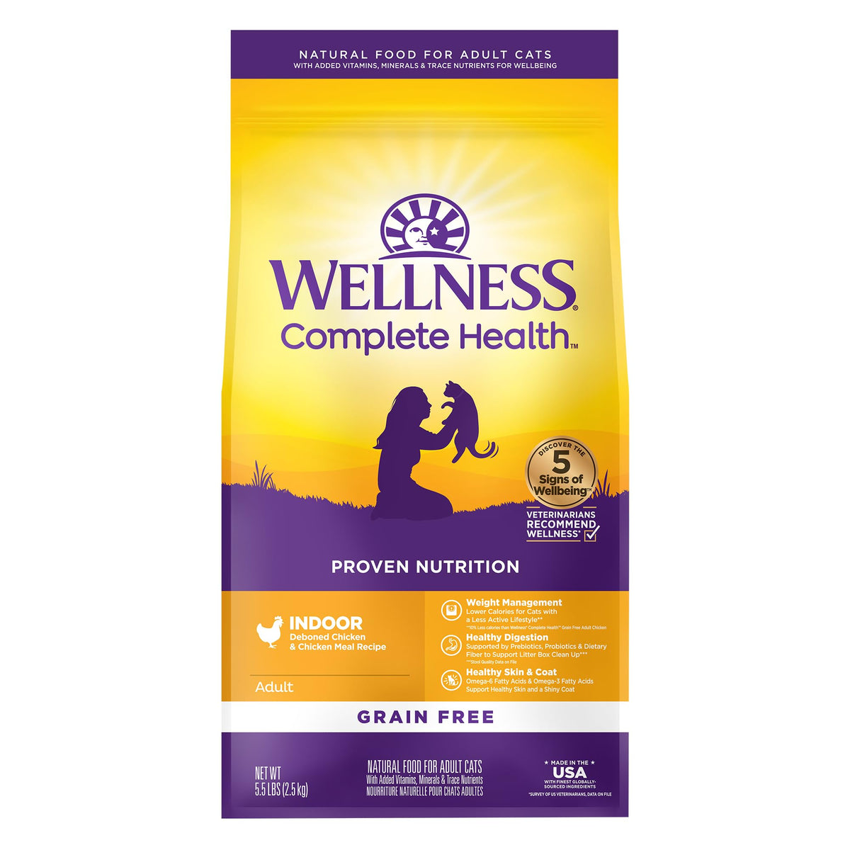 Wellness emballage avant 5,5 lb montrant la recette poulet et bénéfice nutritionnel