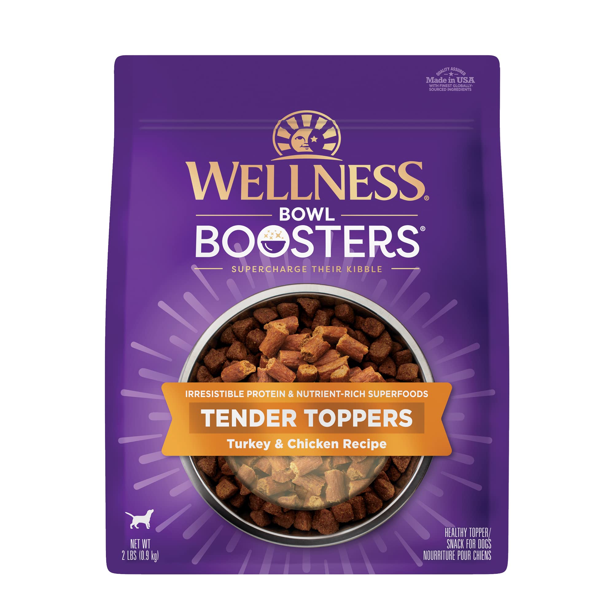 Wellness emballage avant montrant recette poulet et dinde, bénéfice appétence