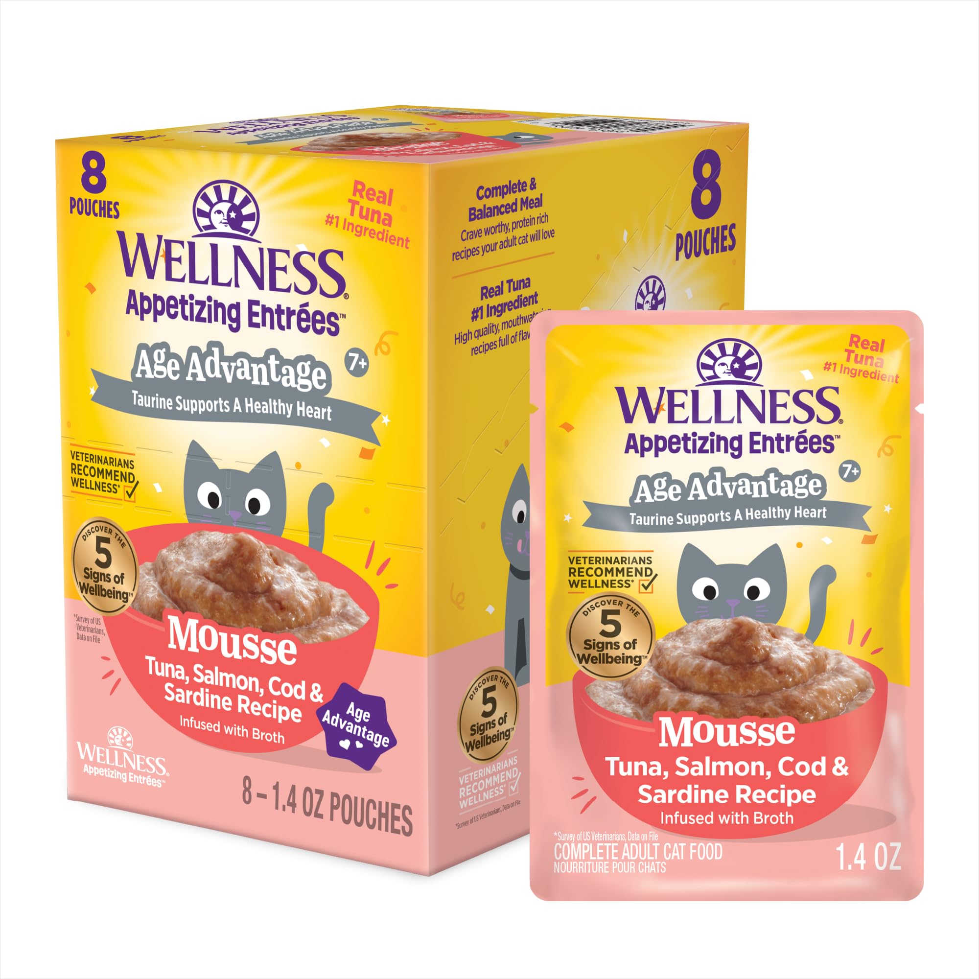 Wellness emballage frontal montrant sachets et variétés pour appétit senior