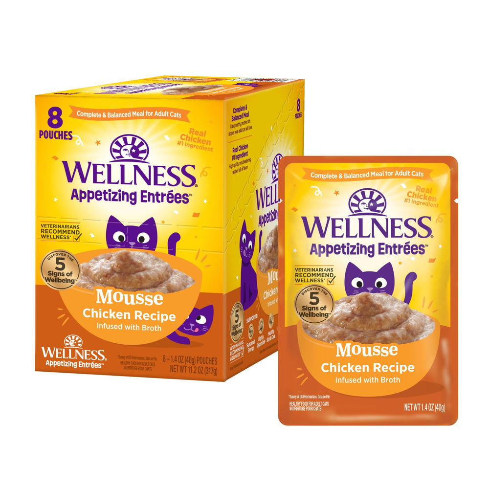 Wellness mousse poulet packaging avant montrant sachets pratiques et bénéfice nutritionnel