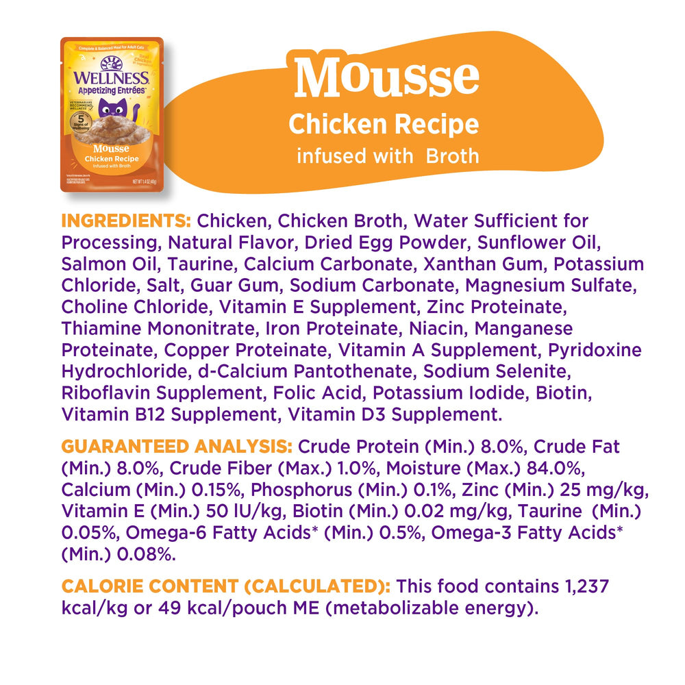 Wellness chat mange mousse au poulet illustrant appétence et plaisir