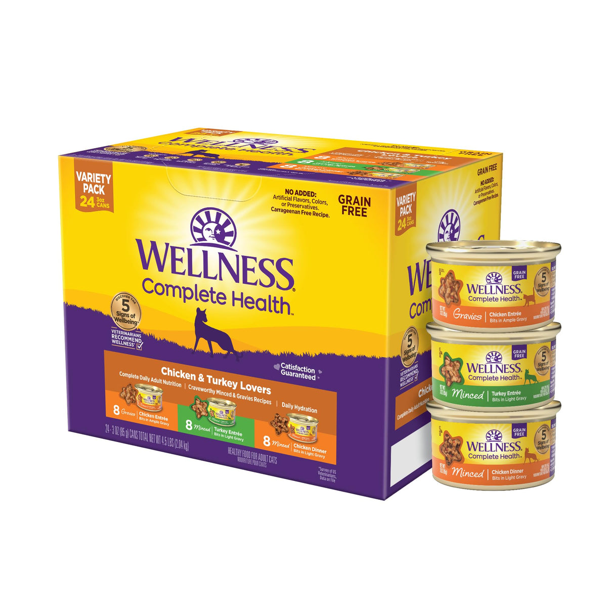 wellness emballage avant montrant le pack de 24 boîtes et bénéfice choix varié