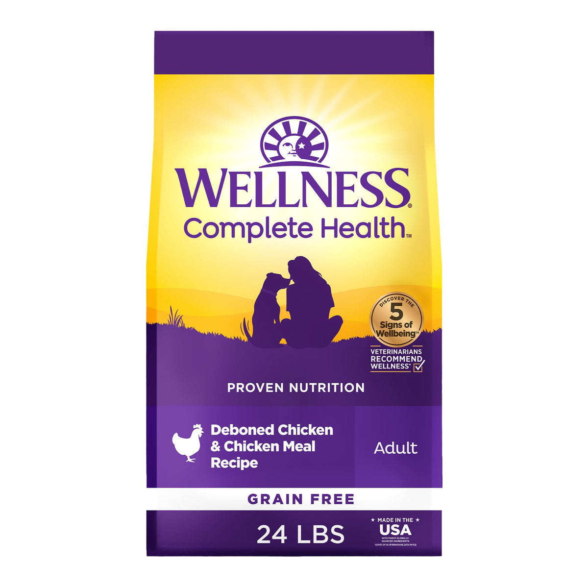 Wellness emballage avant poulet 24 lb montrant formulation complète