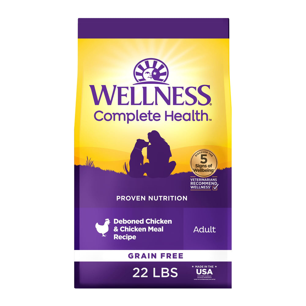 Wellness paquet devant poulet 22 lb montrant emballage pratique et nutrition complète