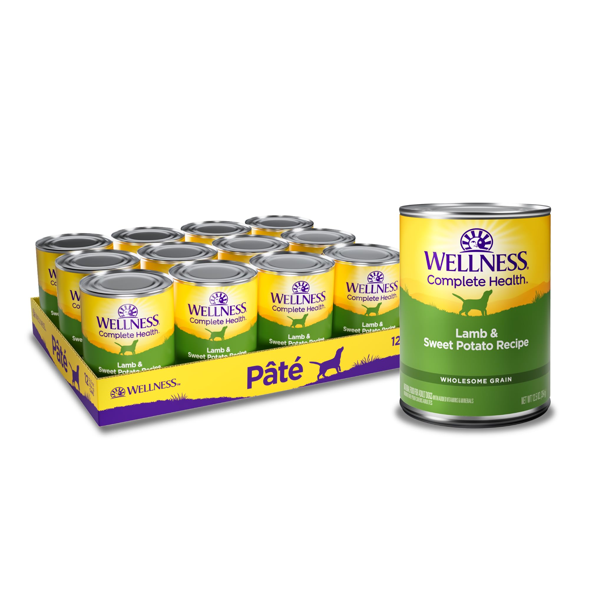 Wellness pâté agneau face de la boîte montrant l'étiquette et bénéfice nutritionnel