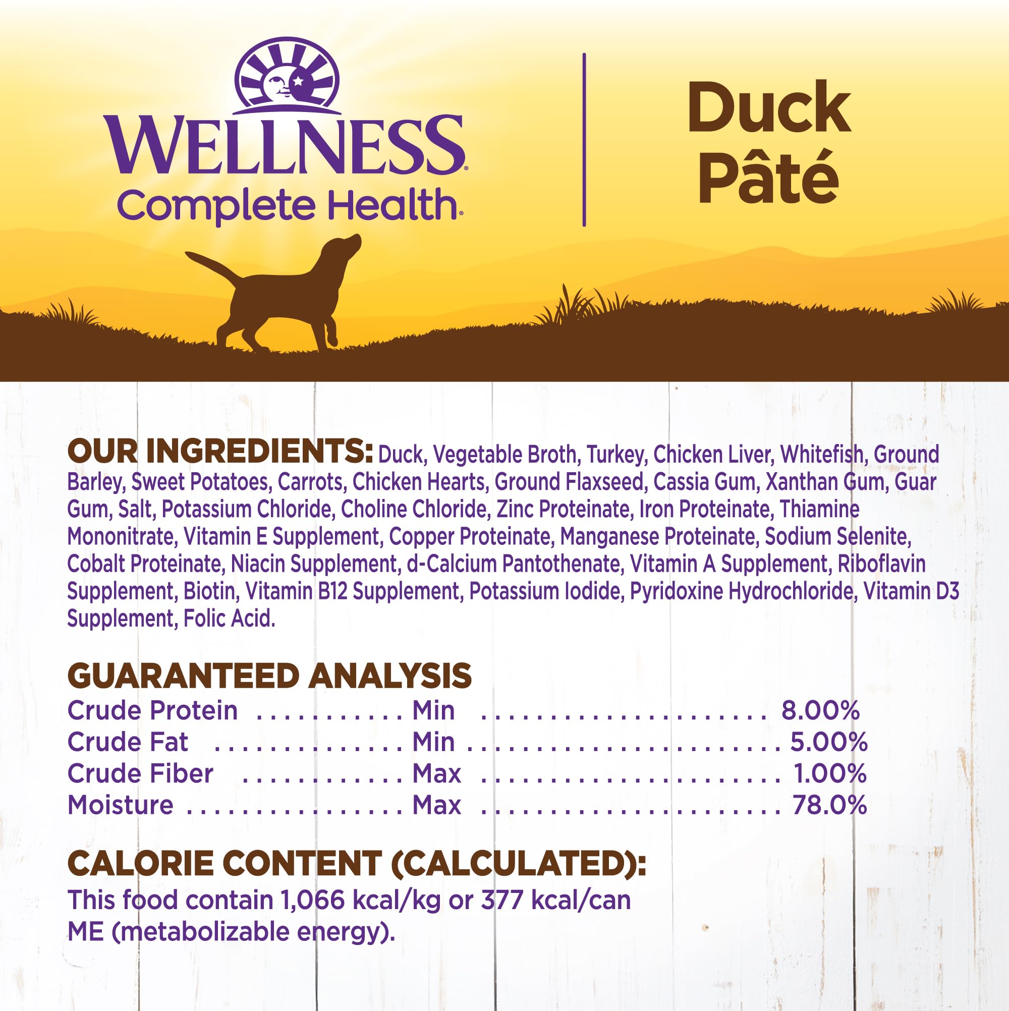 Wellness pâté canard ingrédients patate douce et canard illustrant qualité naturelle