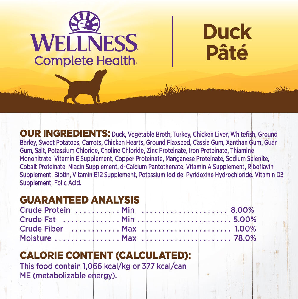Wellness pâté canard ingrédients patate douce et canard illustrant qualité naturelle