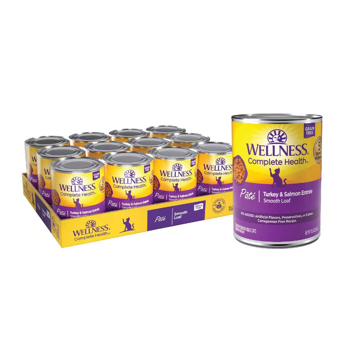 Wellness boîte face montrant la pâtée dinde et saumon et bénéfice nutritionnel