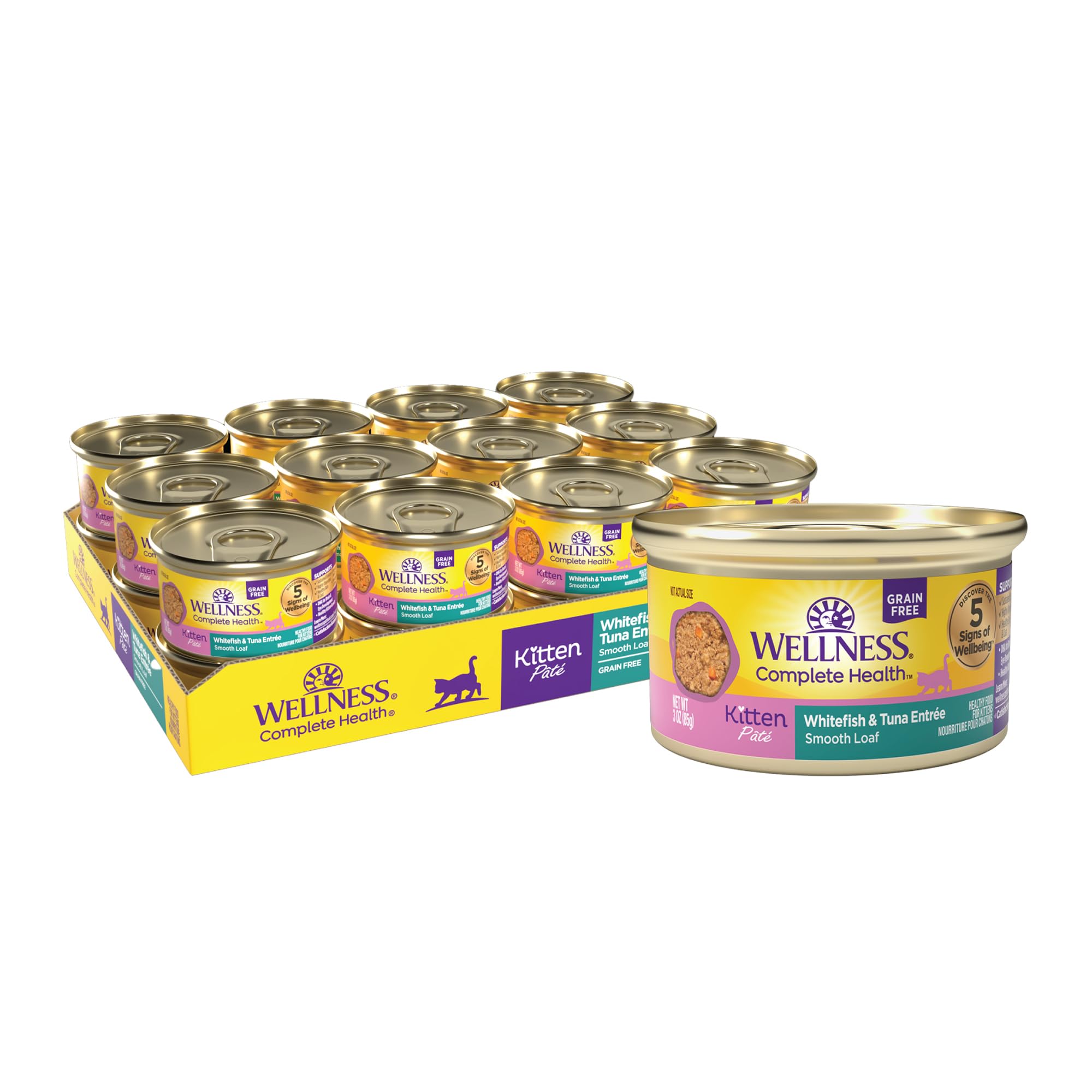 Wellness emballage avant montrant la recette Whitefish & Tuna et bénéfice nutritionnel