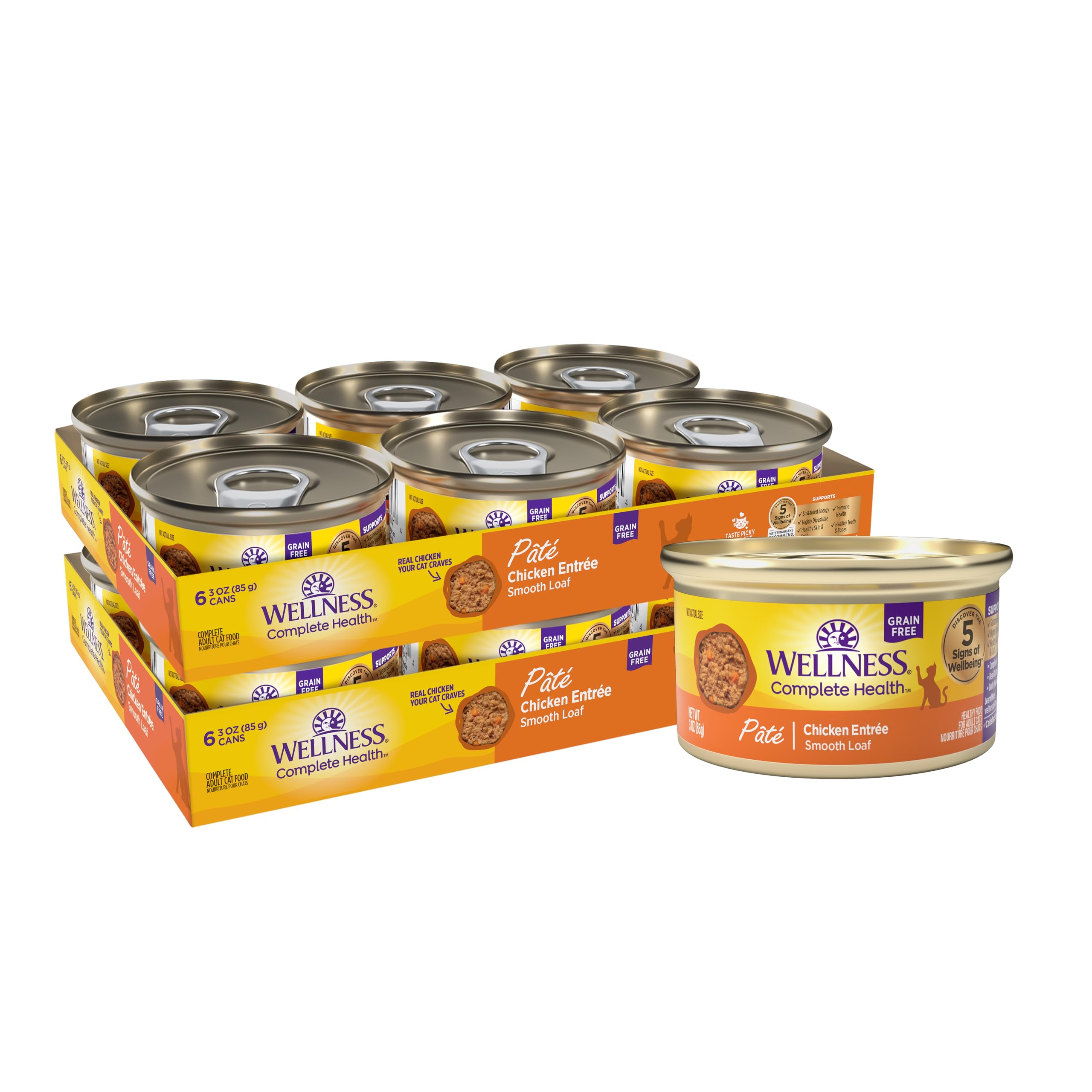 Wellness pâté poulet face avant montrant étiquette claire et bénéfice nutritionnel