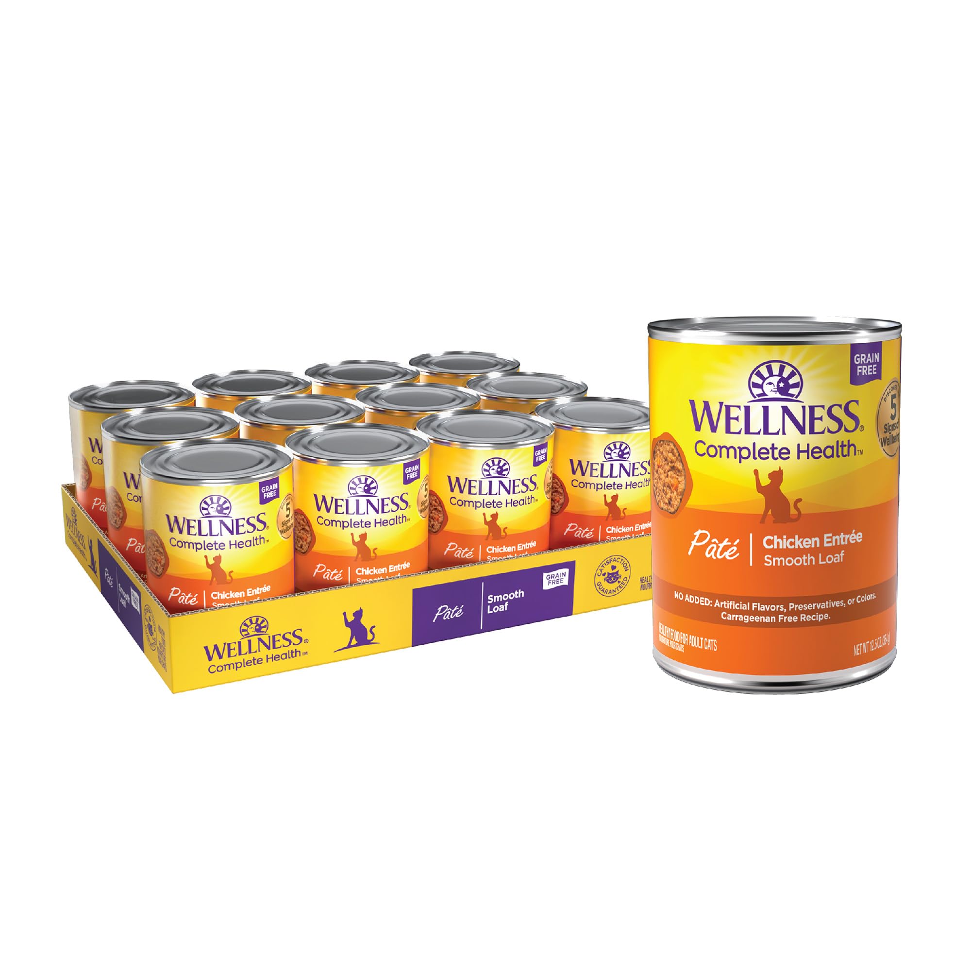 Wellness pâté poulet face boîte montrant l'emballage et l'avantage naturel