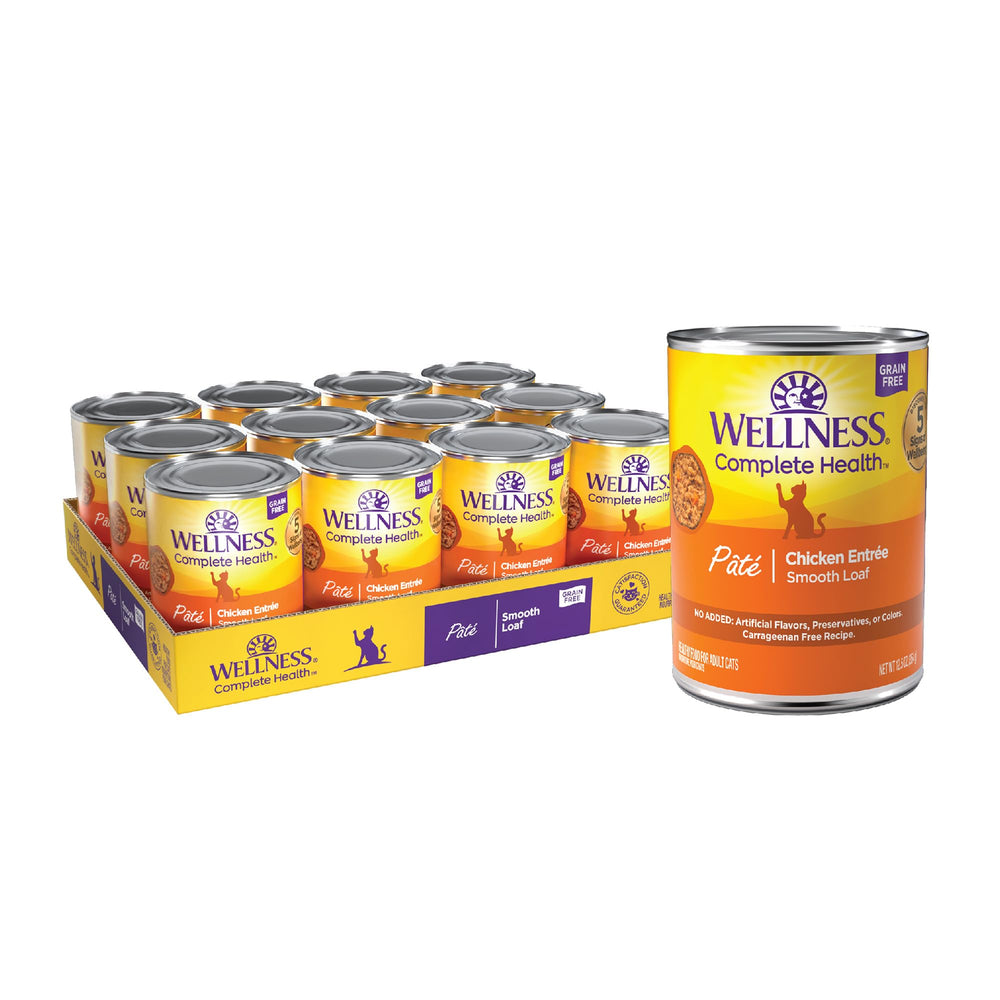 Wellness pâté poulet face boîte montrant l'emballage et l'avantage naturel