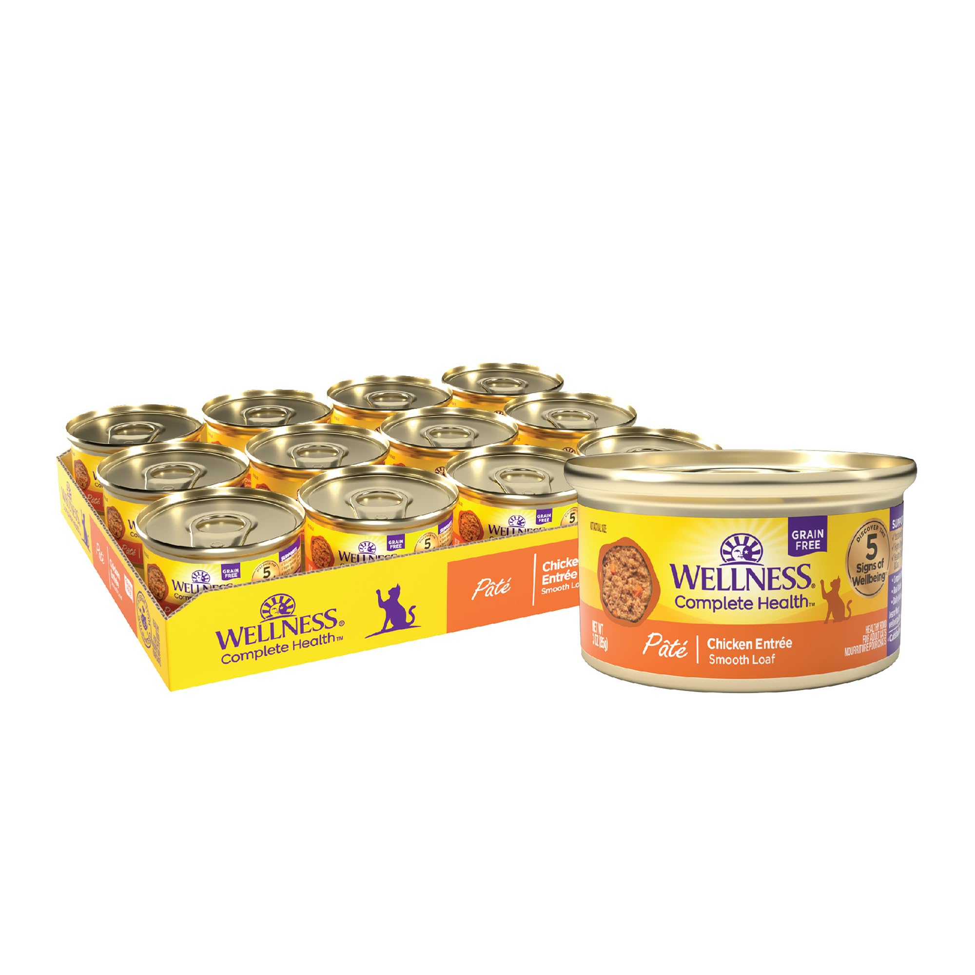 Wellness boîte face lisible montrant la recette poulet et bénéfice nutritionnel