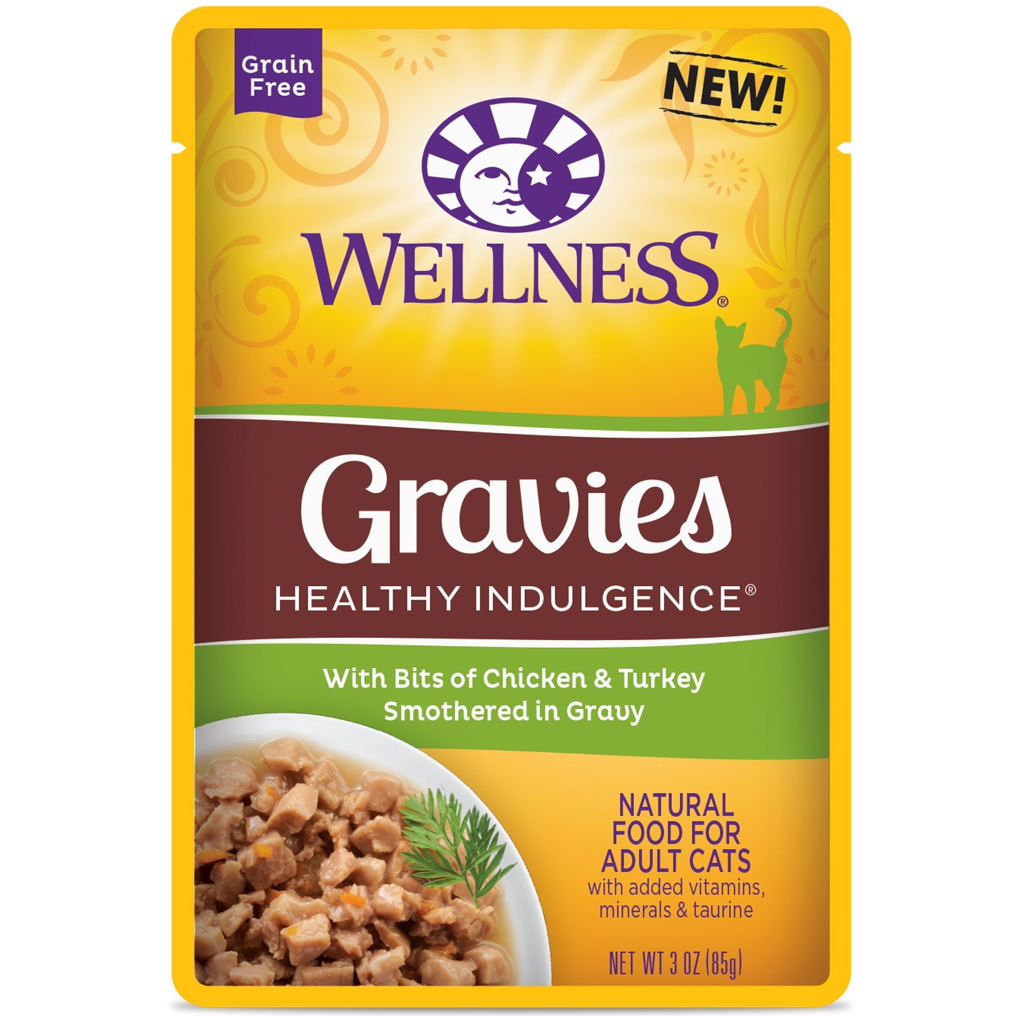 Wellness emballage face montrant sachet poulet et dinde et avantages nutritionnels