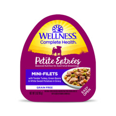 Wellness pot avant étiquette montrant recette dinde pour petites races bénéfice qualité