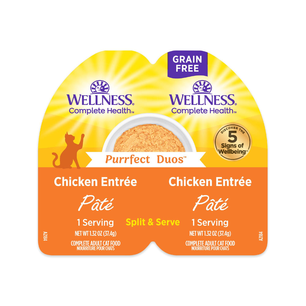 Wellness Purrfect Duos emballage avant montrant produit pratique et portions