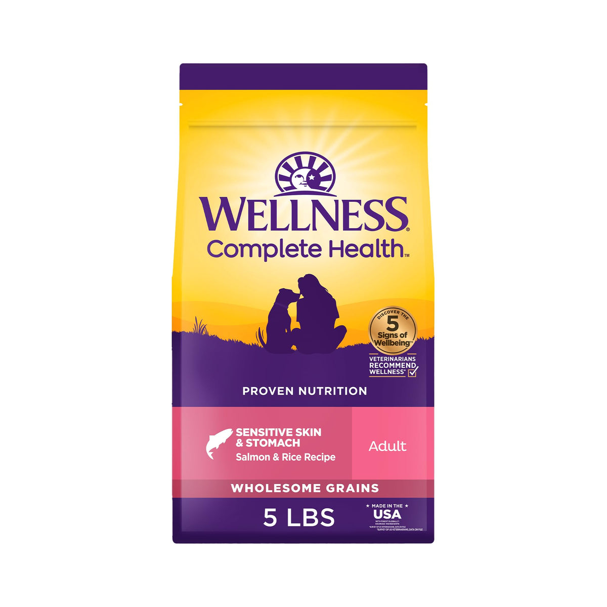 Wellness sac face avant montrant recette saumon et riz bénéfice nutritionnel