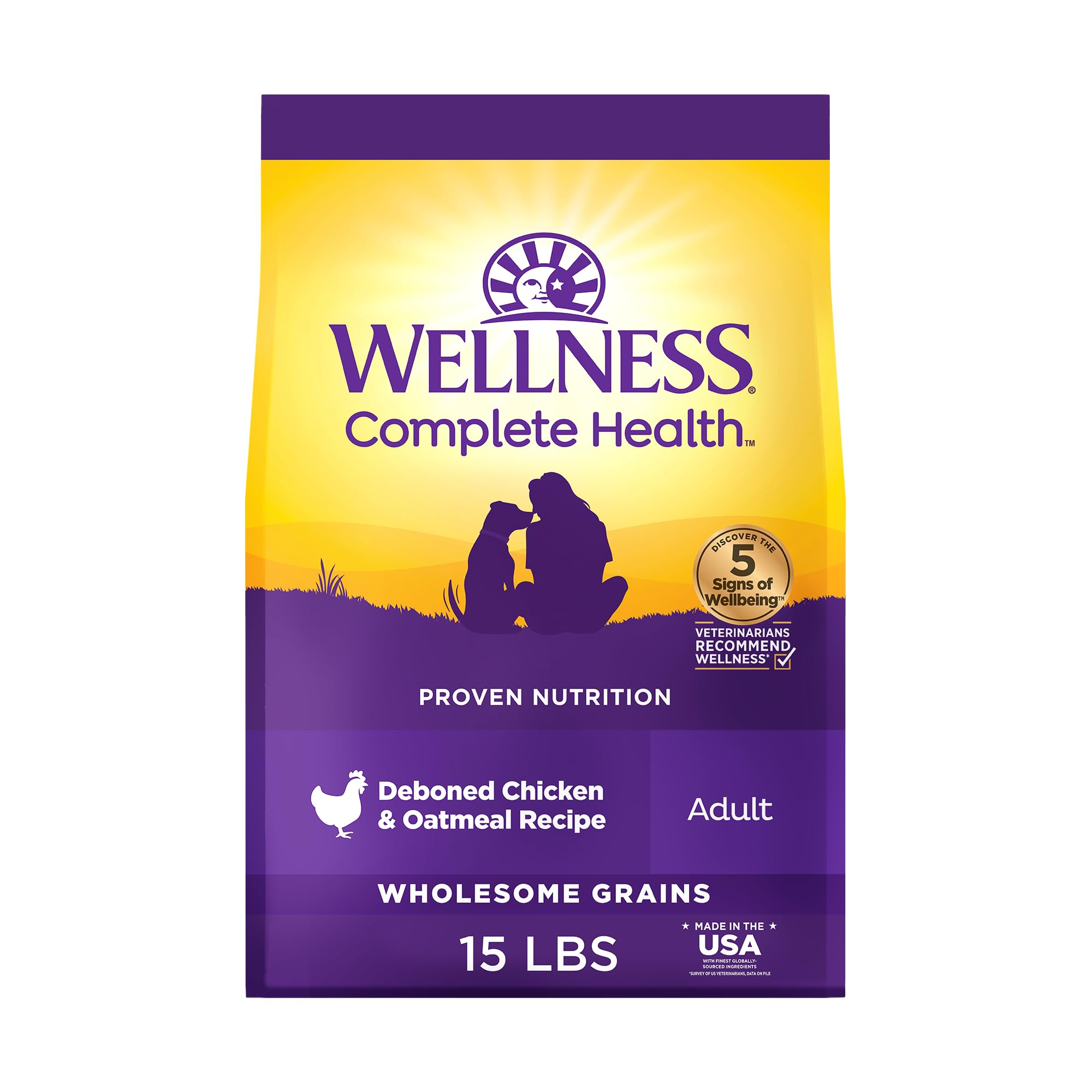 Wellness sachet 15lb affichant la marque et ingrédients pour conservation optimale