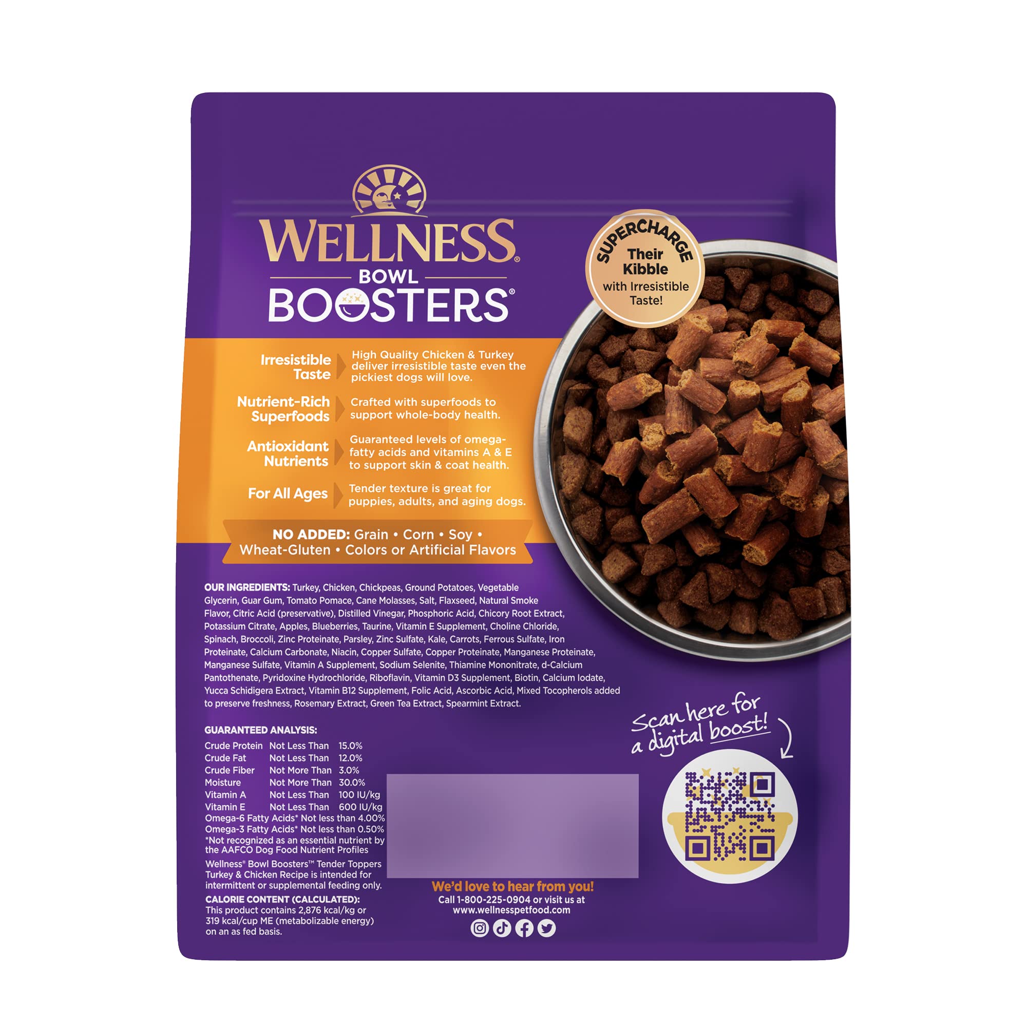 Wellness gros plan sur texture tendre, bénéfice mélange facile aux croquettes