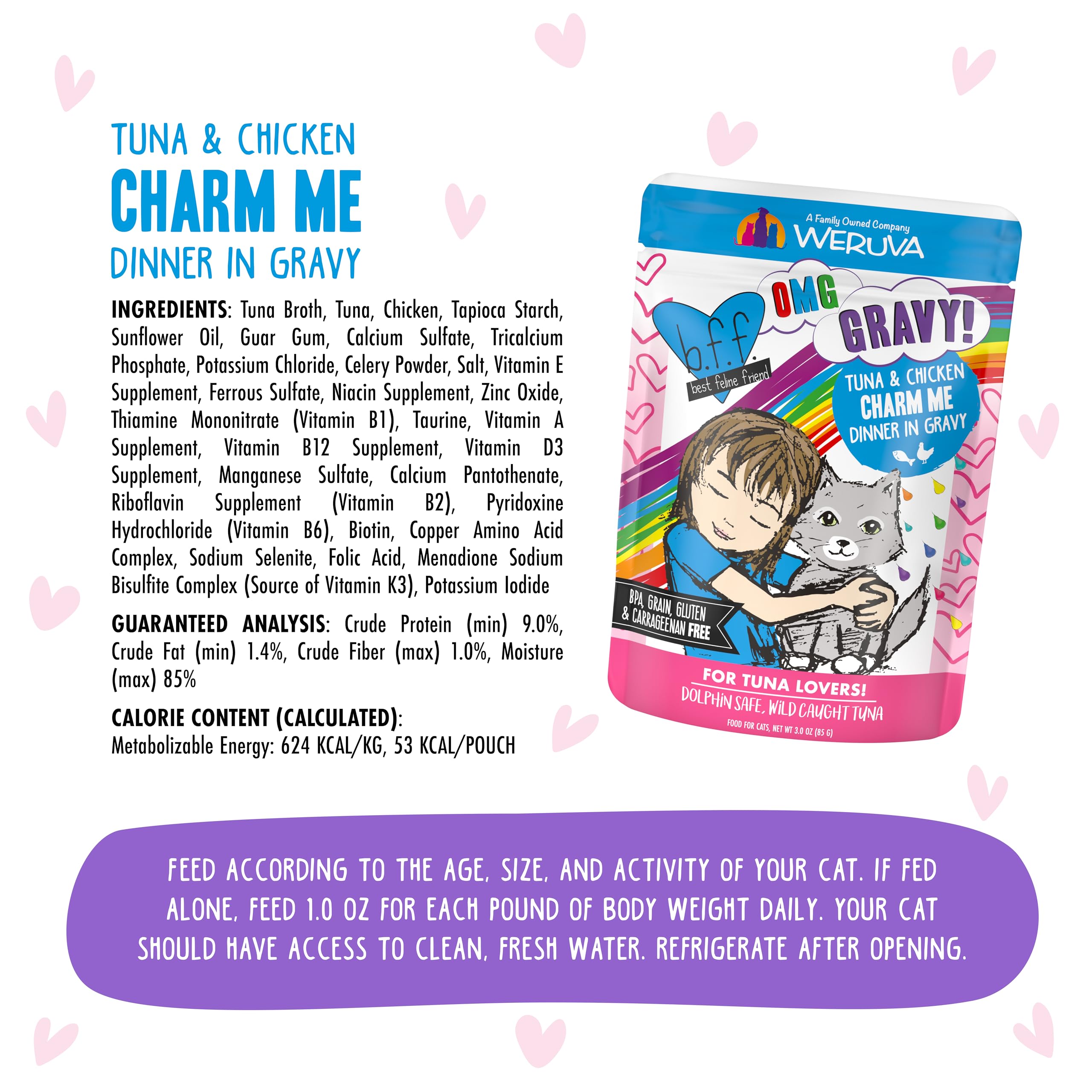 Weruva comparaison taille sachet 85 g à une main, portion pratique et sans gaspillage
