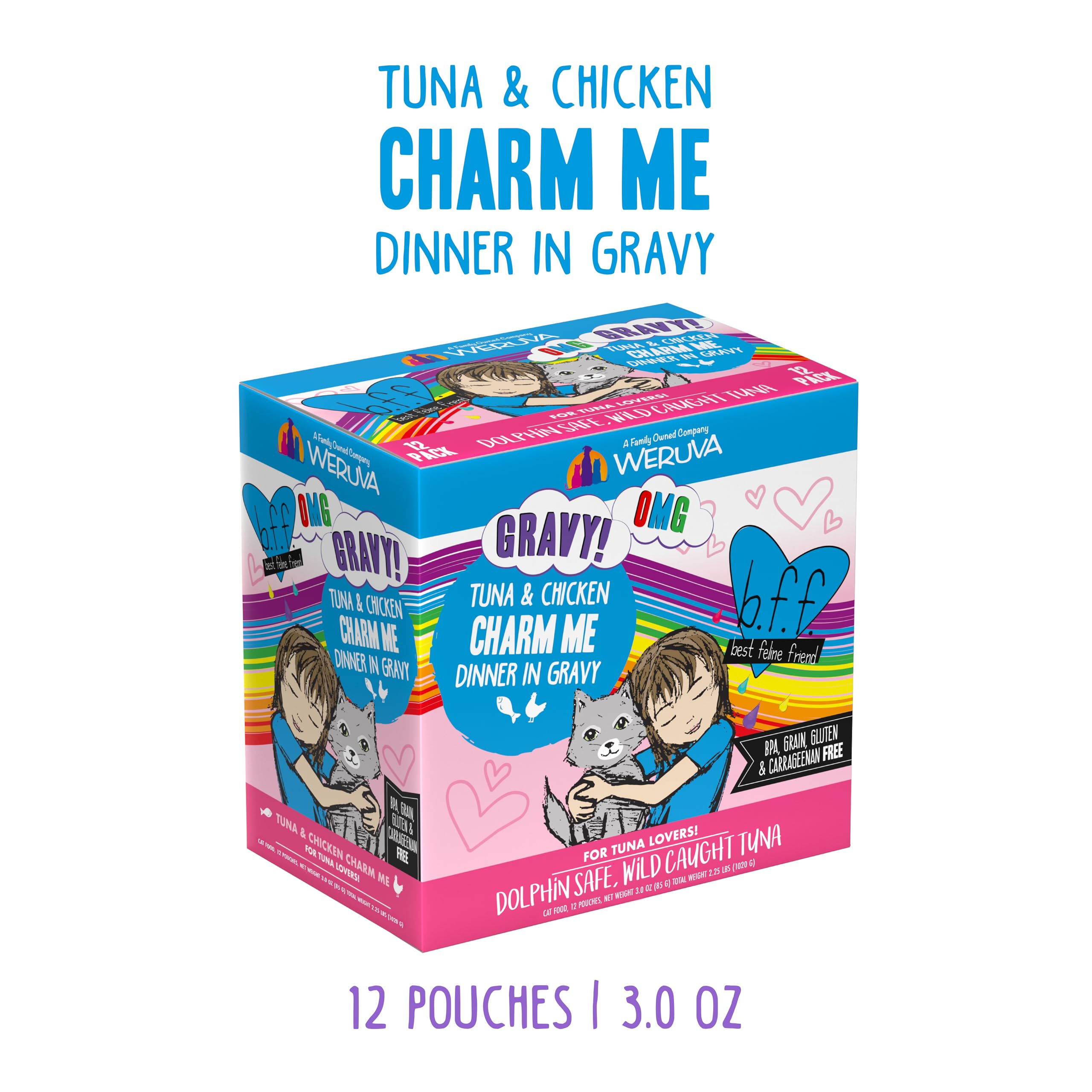 Weruva gros plan sur morceaux de thon et poulet, texture appétissante pour chat