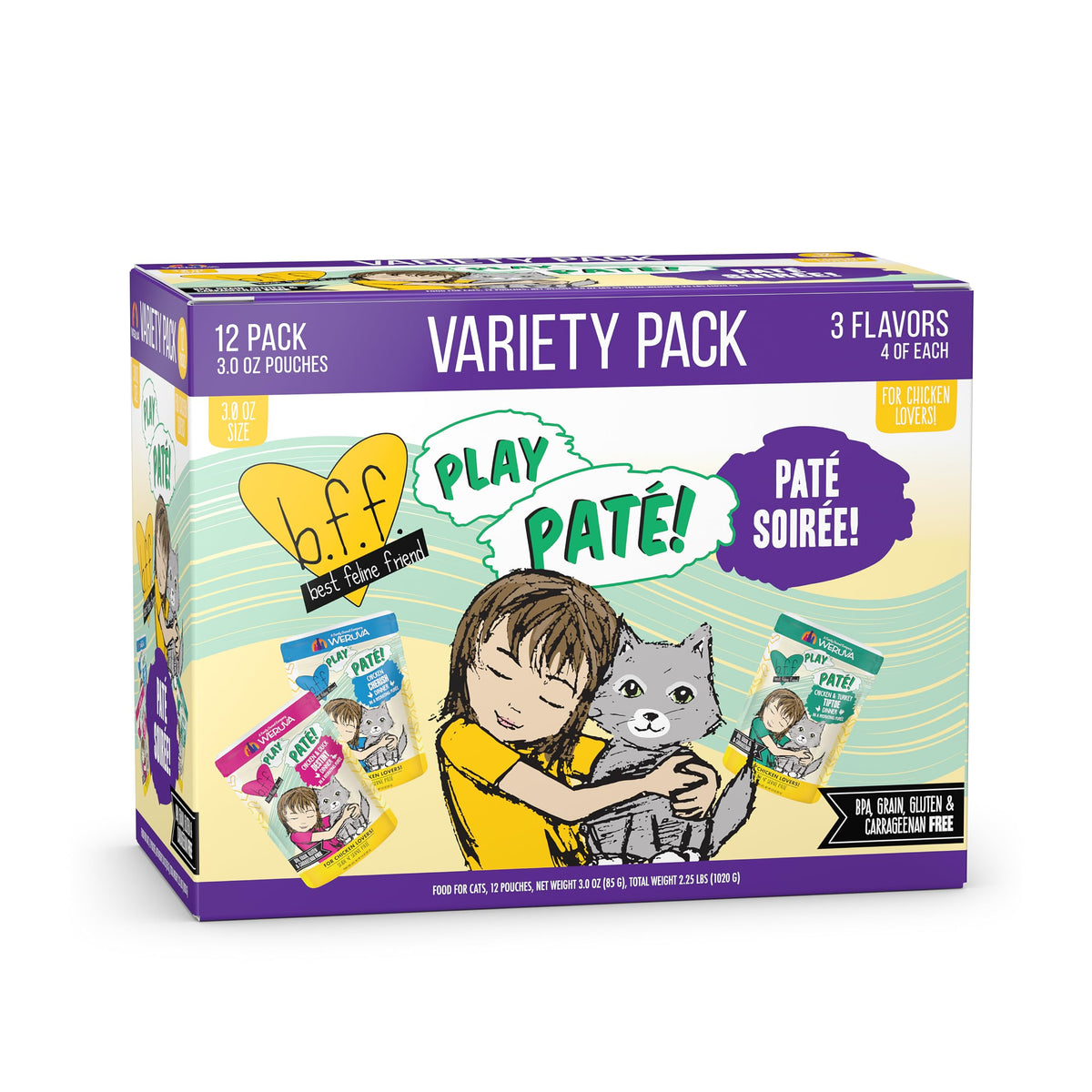 Weruva B.F.F. Play face de l'emballage montrant le pack variété et bénéfice appétence