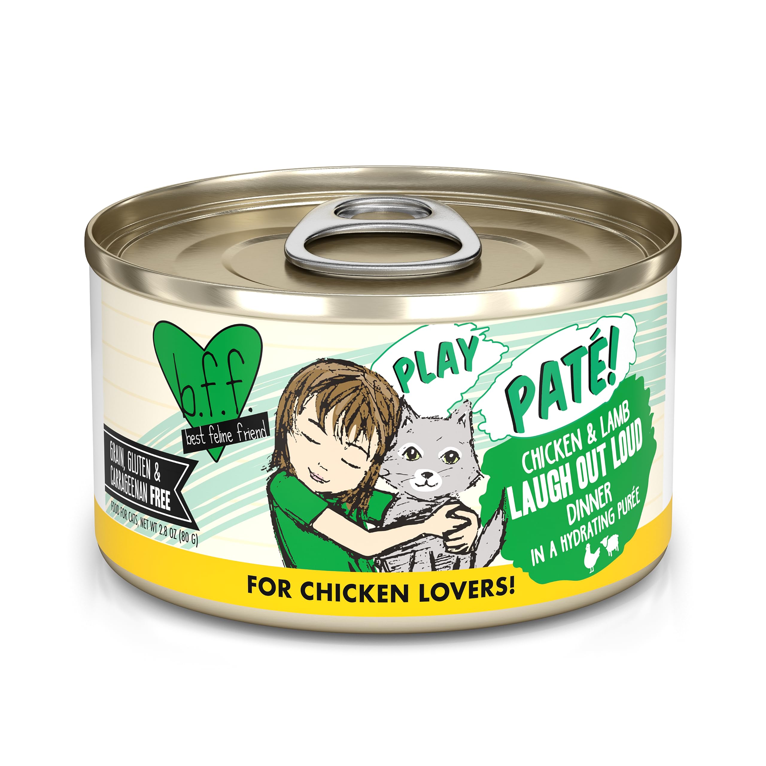 Weruva boîte devant affichant la recette poulet et agneau, appétence visible