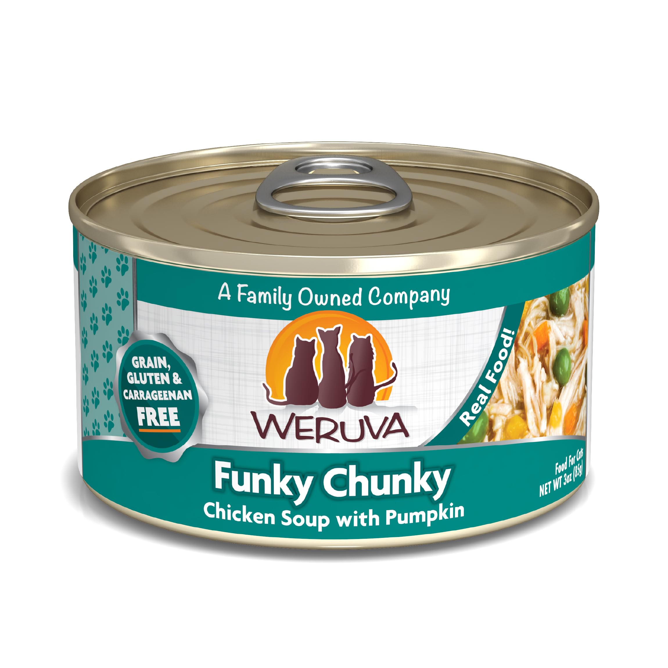 Weruva boîte face Funky Chunky montrant étiquette et bénéfice transparence