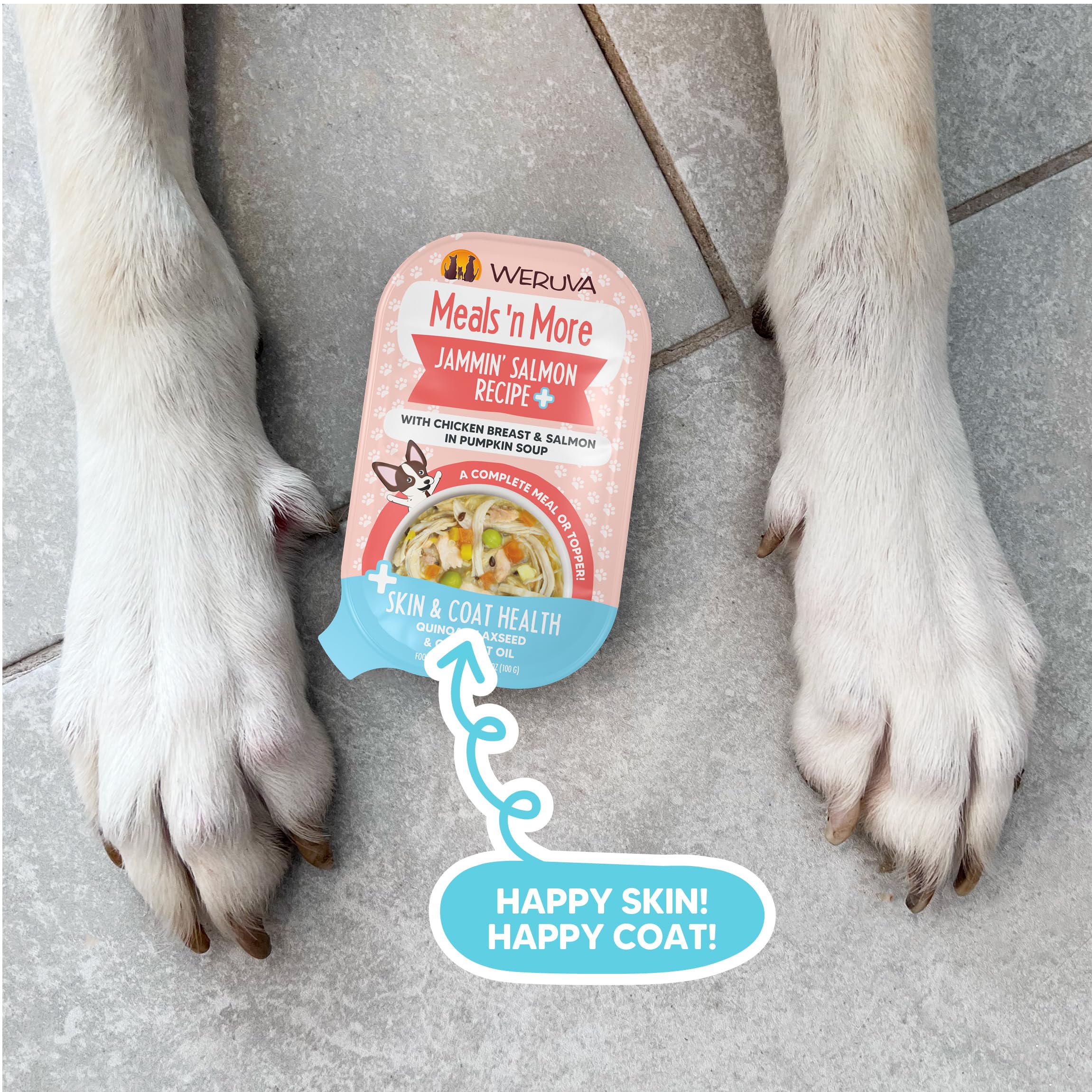 Weruva chien mangeur heureux avec coupelle, montre appétence et acceptation