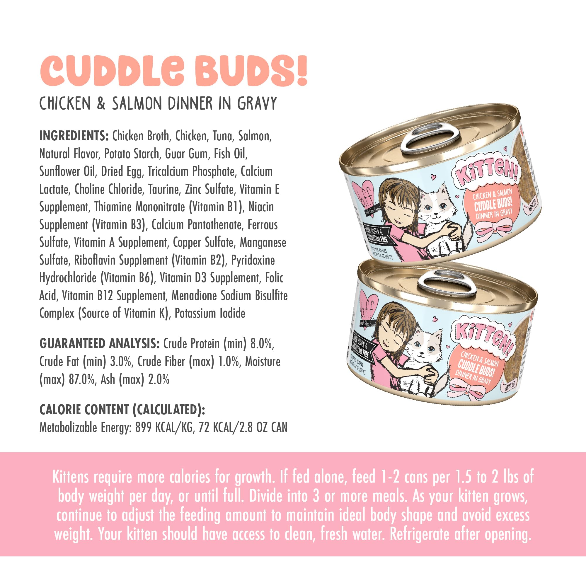 Weruva Cuddle Buds ingrédients poisson illustrant protéines durables et qualité