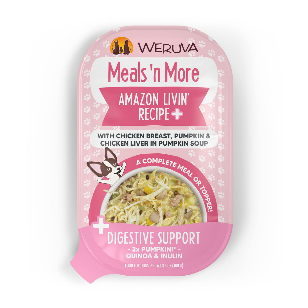 Weruva emballage avant Amazon Livin' Plus montrant ingrédients naturels et bénéfice digestif