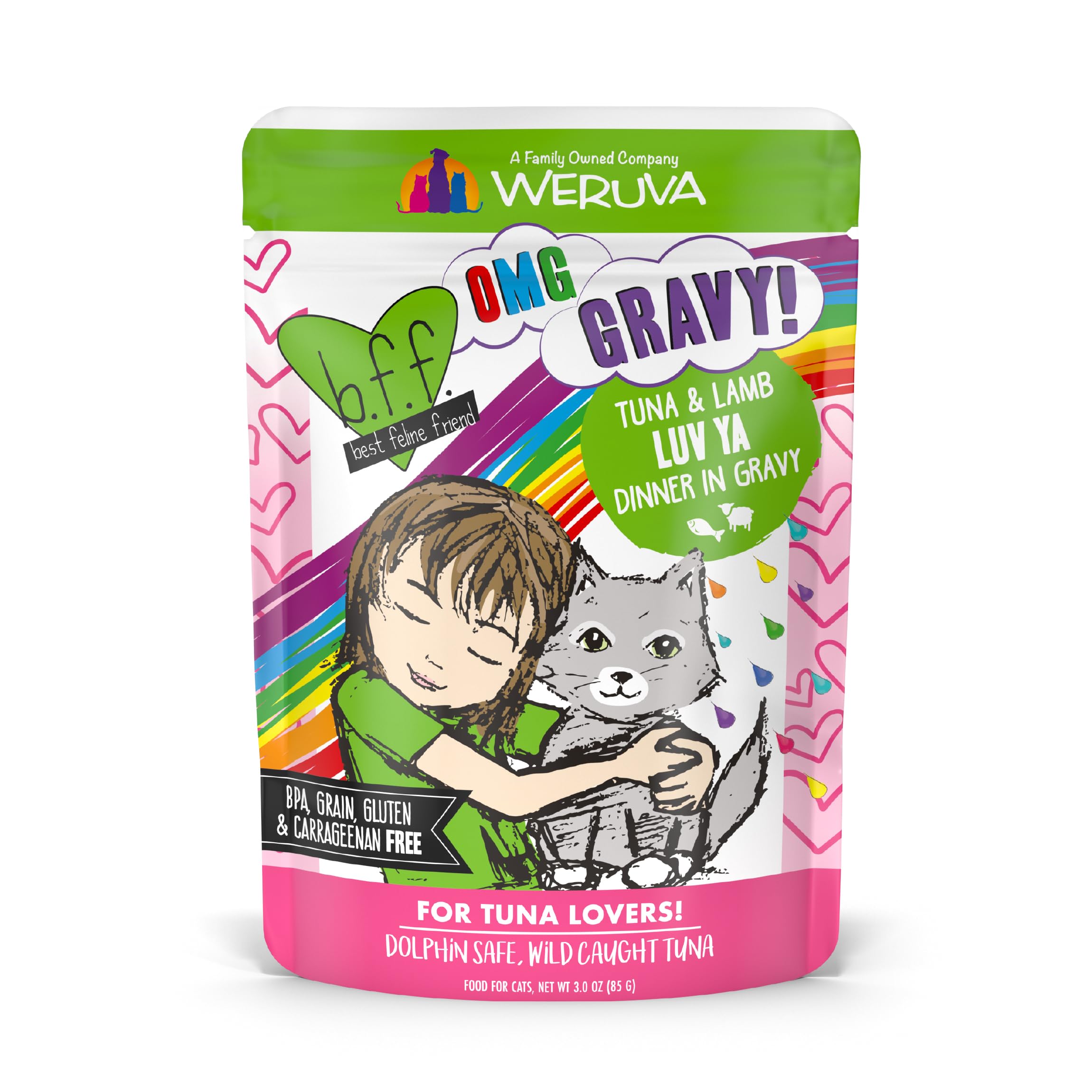 Weruva emballage avant Tuna & Lamb Luv Ya montrant l'étiquette et bénéfice appétence