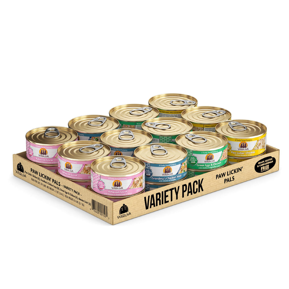 Weruva emballage face du pack Paw Lickin' Pals montrant les quatre recettes et bénéfice : variété pratique