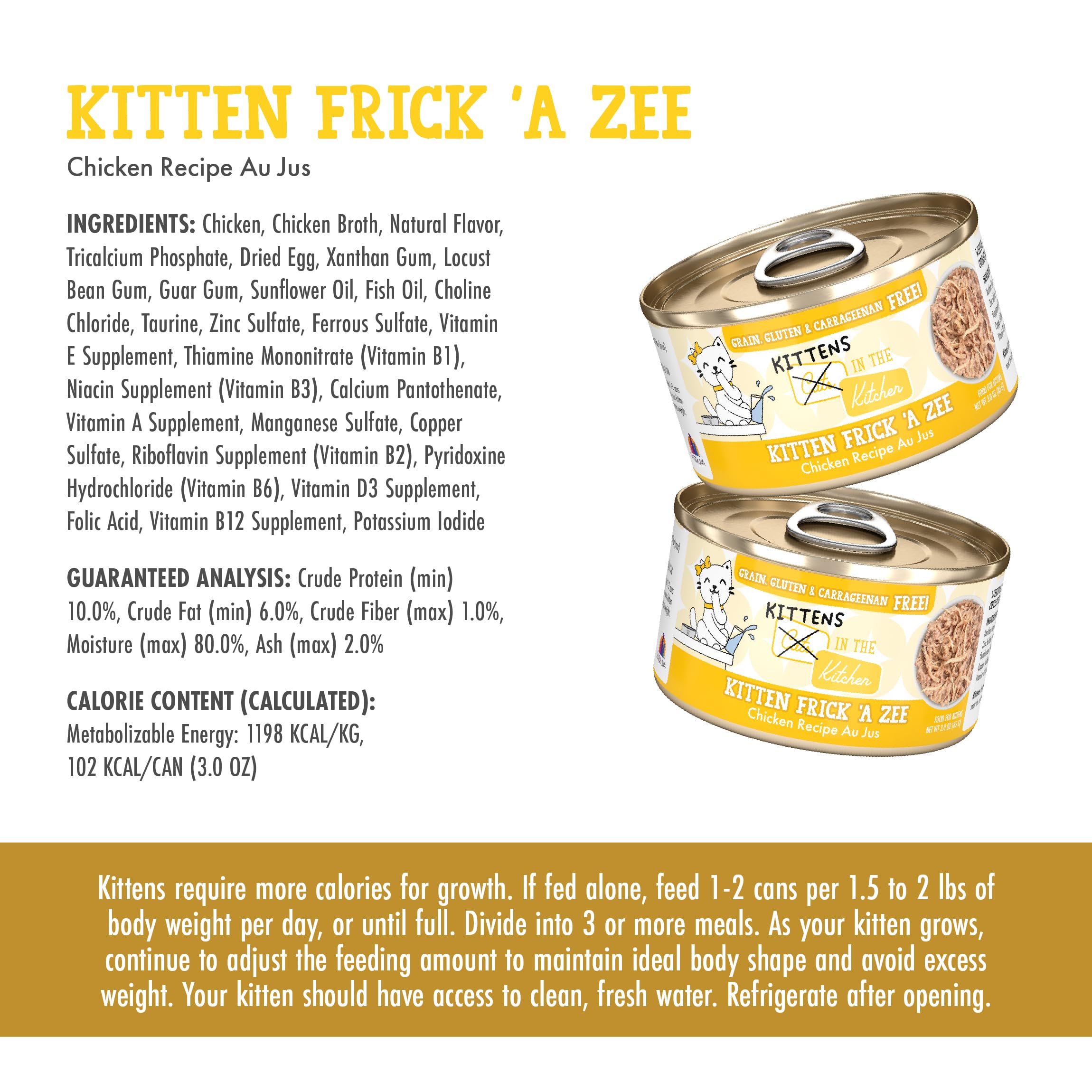 Weruva étiquette nutrition claire indiquant formulation complète pour chatons