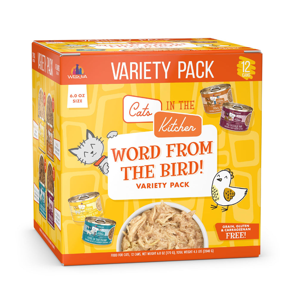 Weruva pack face avant montrant les 12 conserves et l'étiquette détaillée, qualité visible