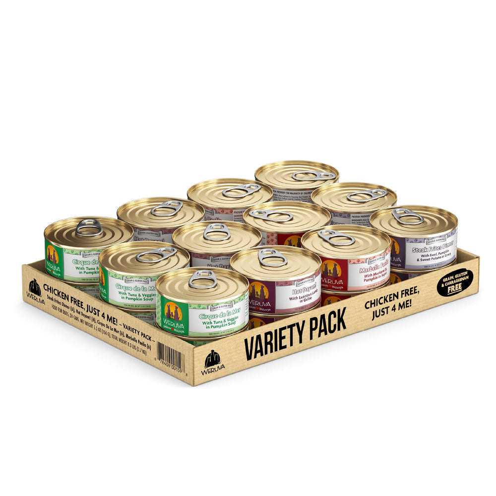 Weruva pack varié face montrant boîtes et variétés, attractivité pour chien