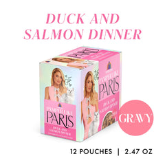 Weruva sauce brillante avec morceaux de canard et saumon visibles et attractifs