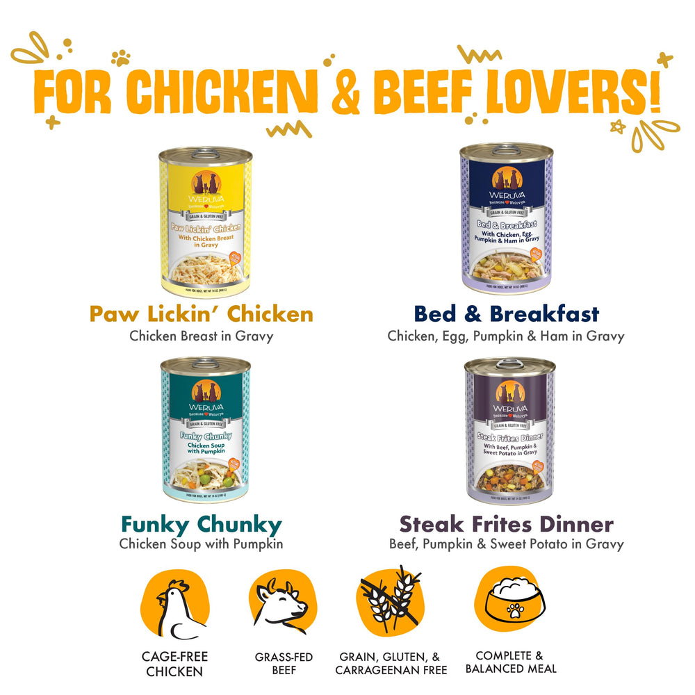 Weruva Paw Lickin’ Chicken boîte et portion pour appétit stimulant