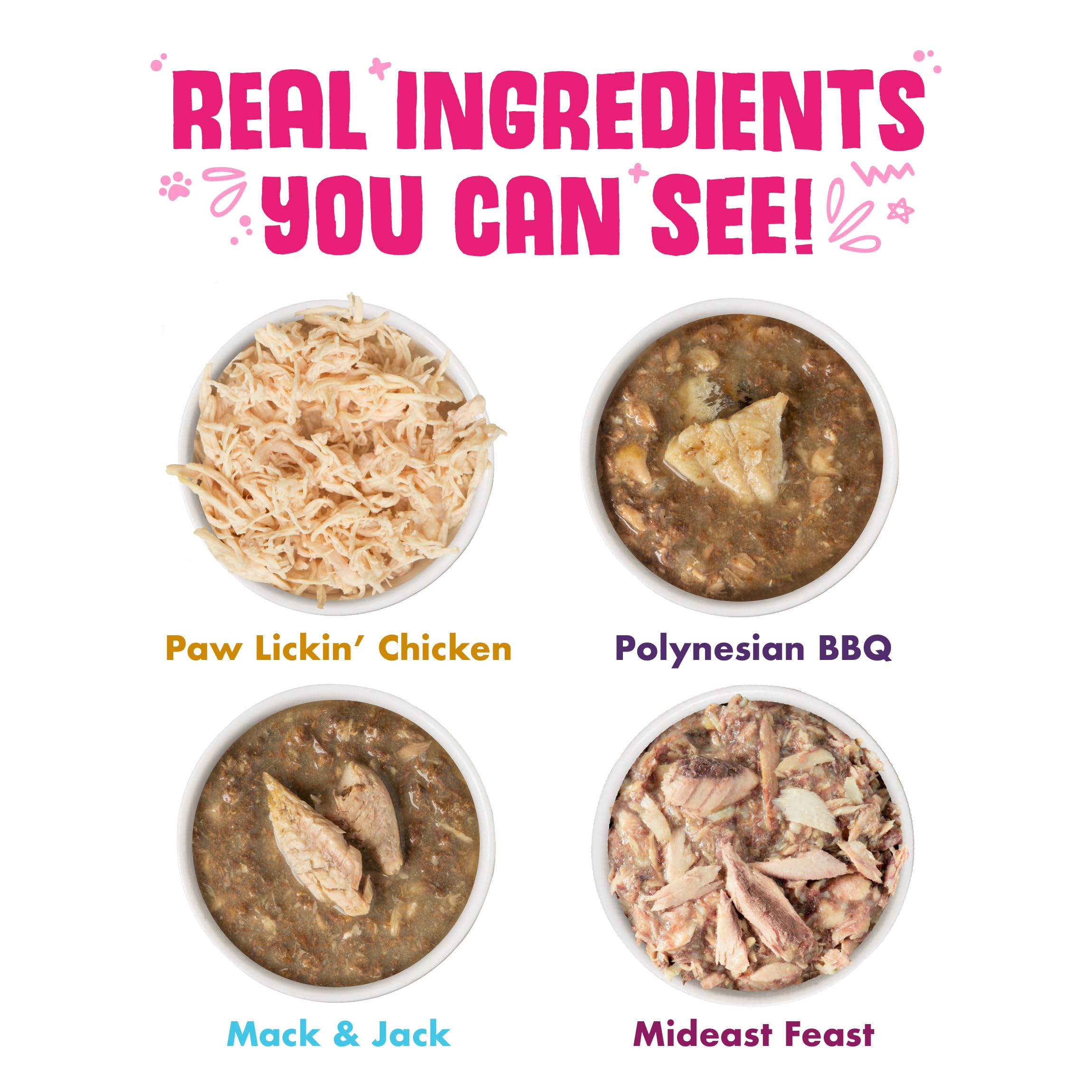 Weruva gros plan poulet visible dans la recette Paw Lickin’ Chicken, apparence naturelle