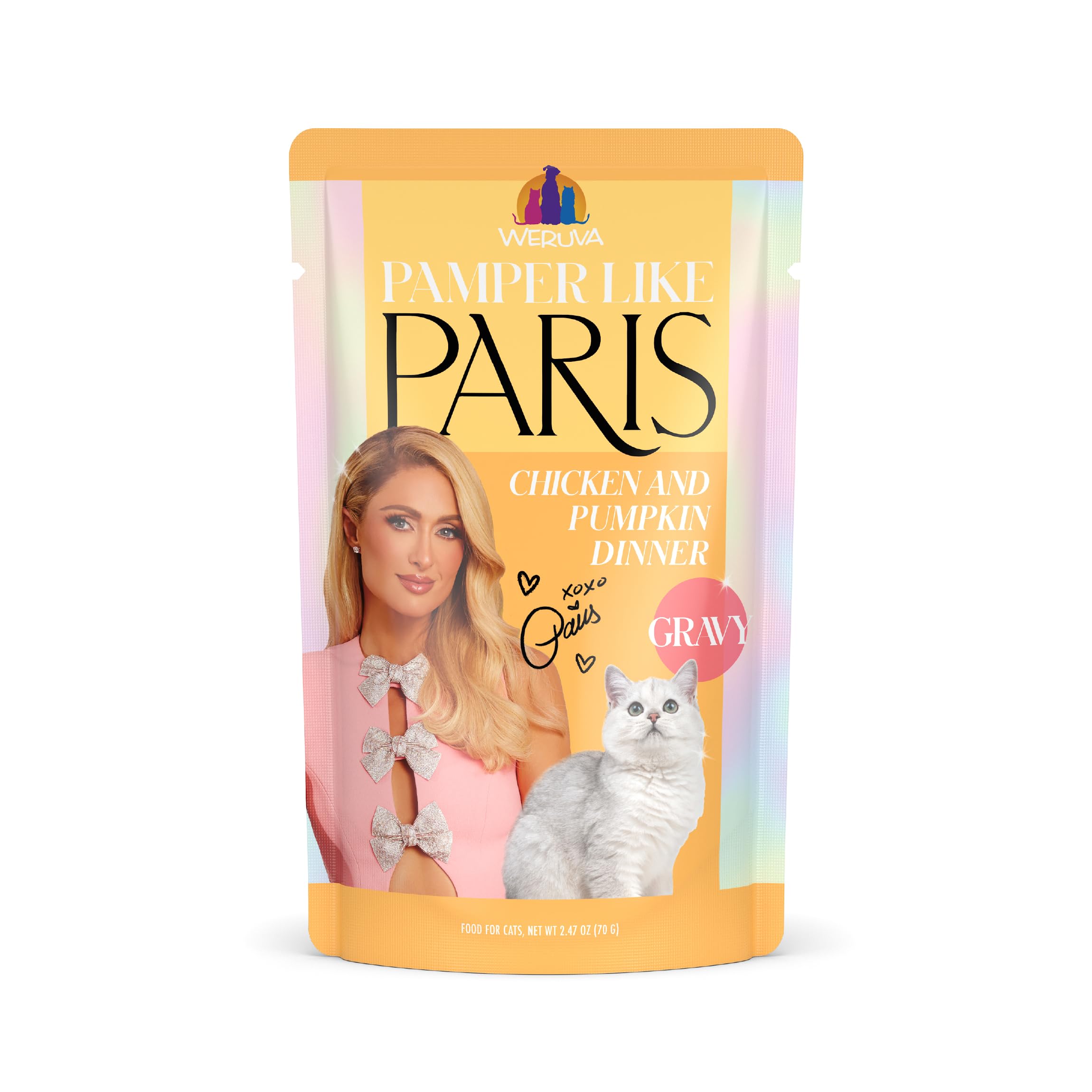 Weruva sachet face poulet et potiron montrant l’emballage premium et l’appétence