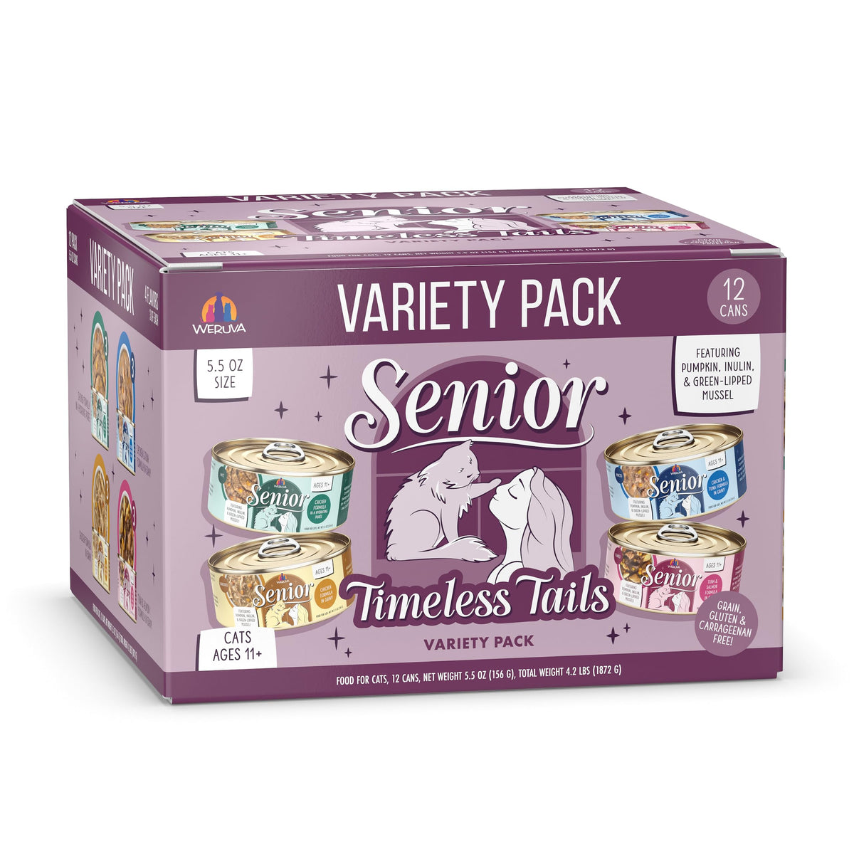 Weruva pack Timeless Tails devant montrant le lot de 12 boîtes, confiance
