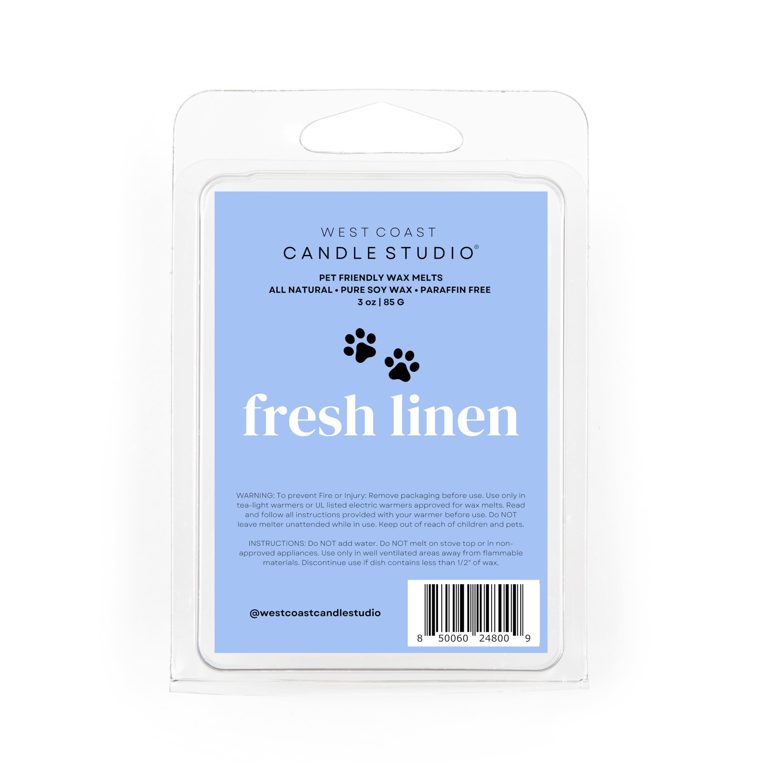 West Coast Candle Company emballage front montrant produit et bénéfice sécurité pour animaux