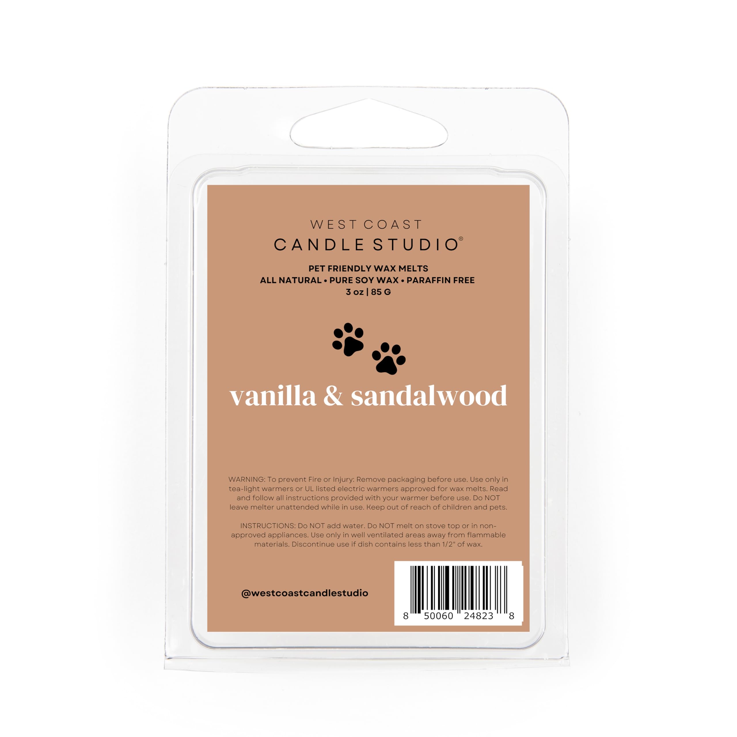 West Coast Candle Company emballage frontal vanille santal bénéfice sécurité animaux