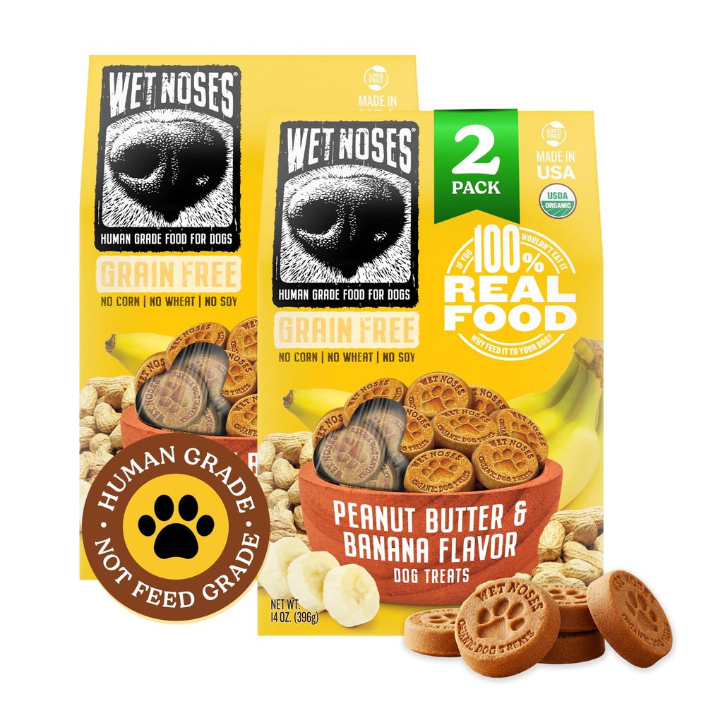 Wet Noses emballage avant montrant saveur beurre de cacahuète et banane et bénéfice naturel
