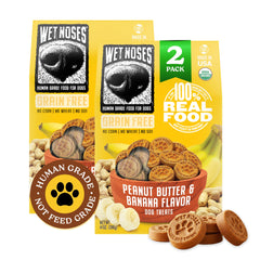 Wet Noses emballage avant montrant saveur beurre de cacahuète et banane et bénéfice naturel