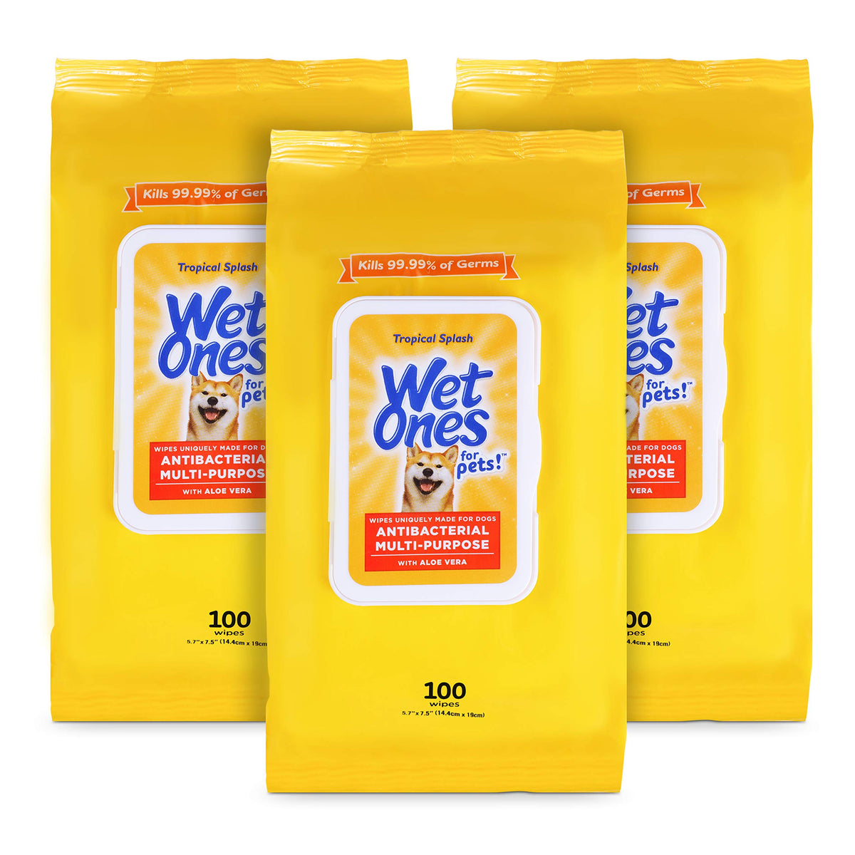 Wet Ones for Pets emballage avant montrant 100 lingettes et praticité