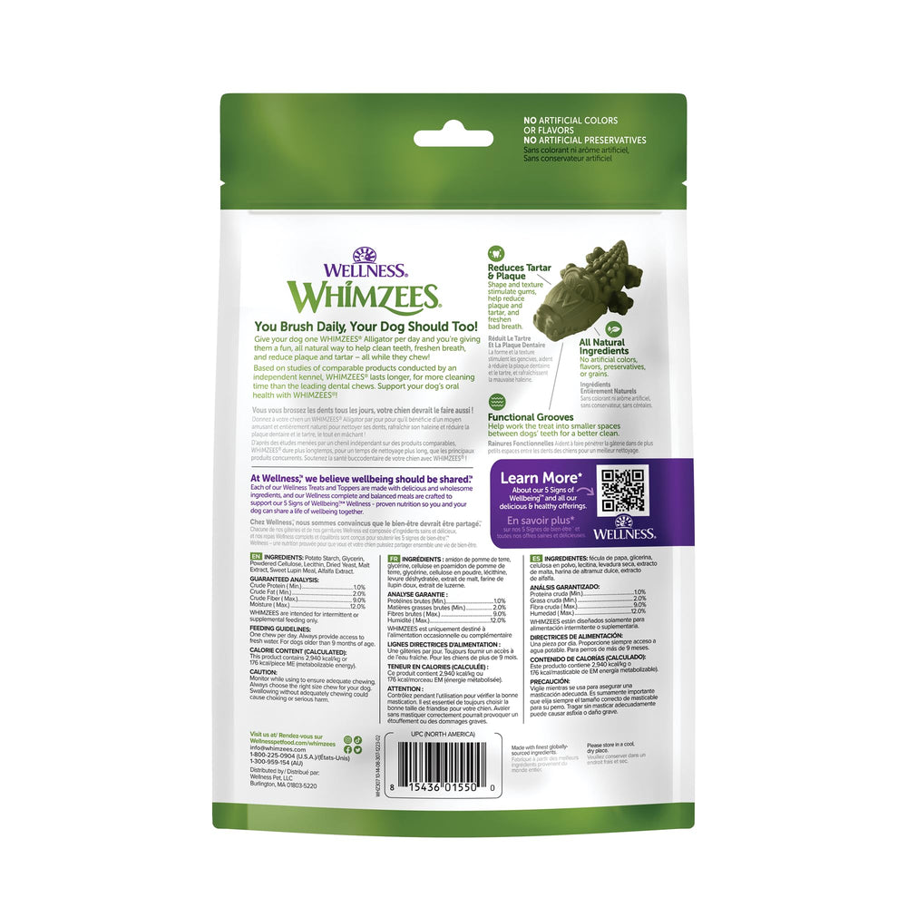 Étiquette Whimzees Alligator montrant ingrédients naturels et sans additifs